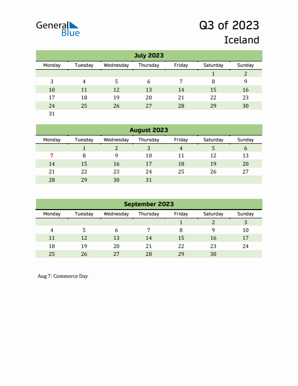 Quarterly Calendar 2023 with Iceland Holidays