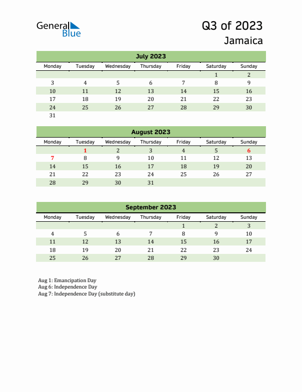 Quarterly Calendar 2023 with Jamaica Holidays