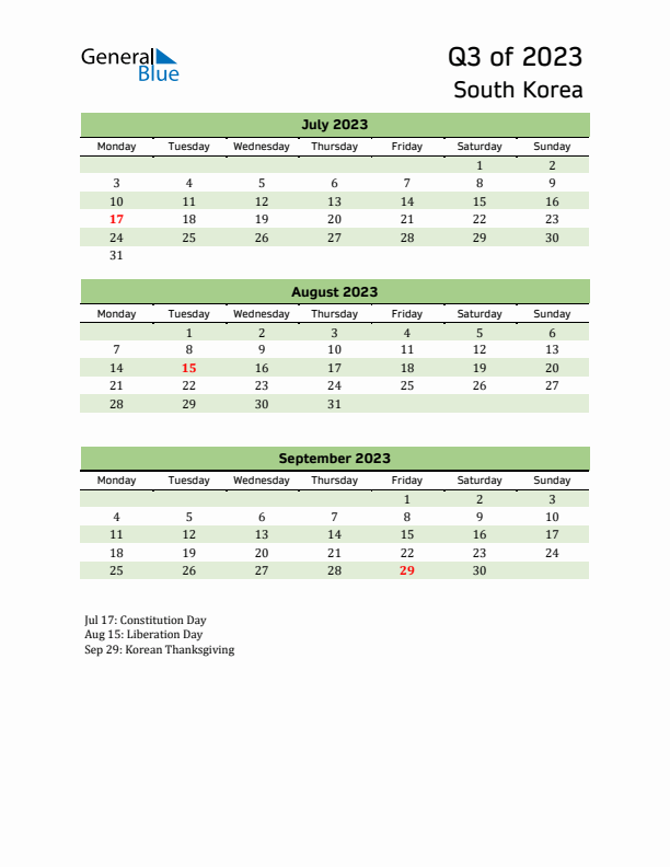 Quarterly Calendar 2023 with South Korea Holidays