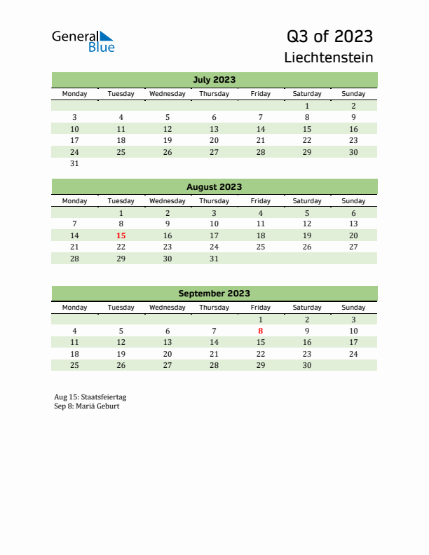 Quarterly Calendar 2023 with Liechtenstein Holidays