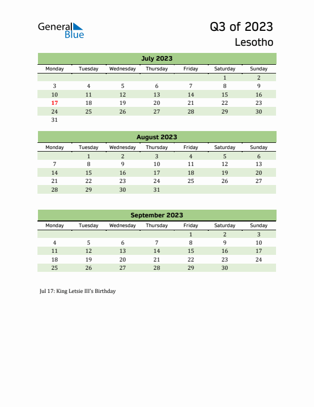 Quarterly Calendar 2023 with Lesotho Holidays