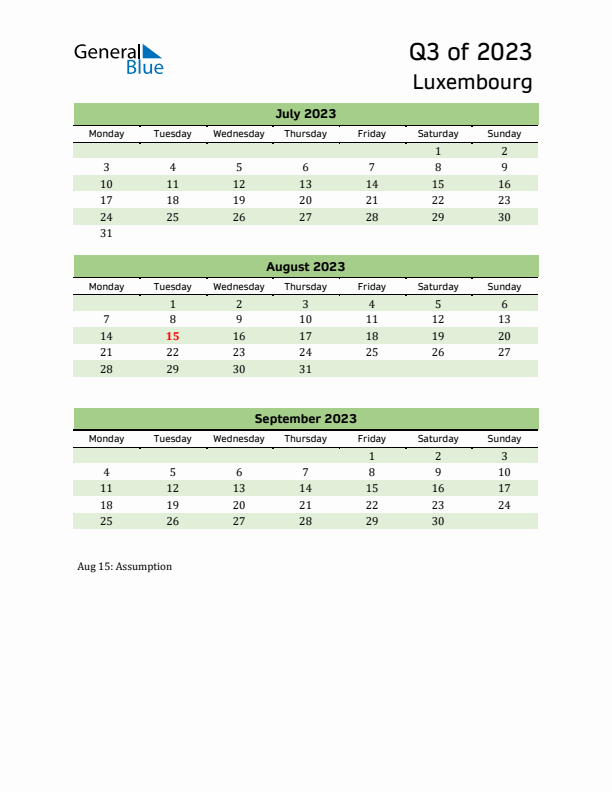 Quarterly Calendar 2023 with Luxembourg Holidays