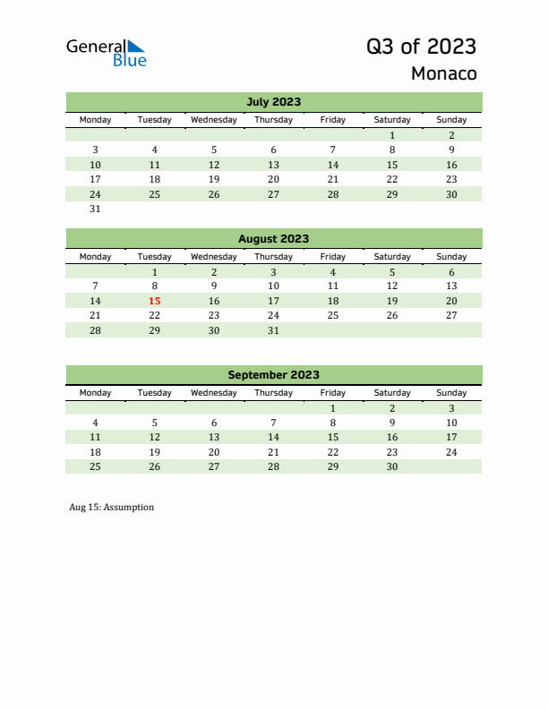 Quarterly Calendar 2023 with Monaco Holidays