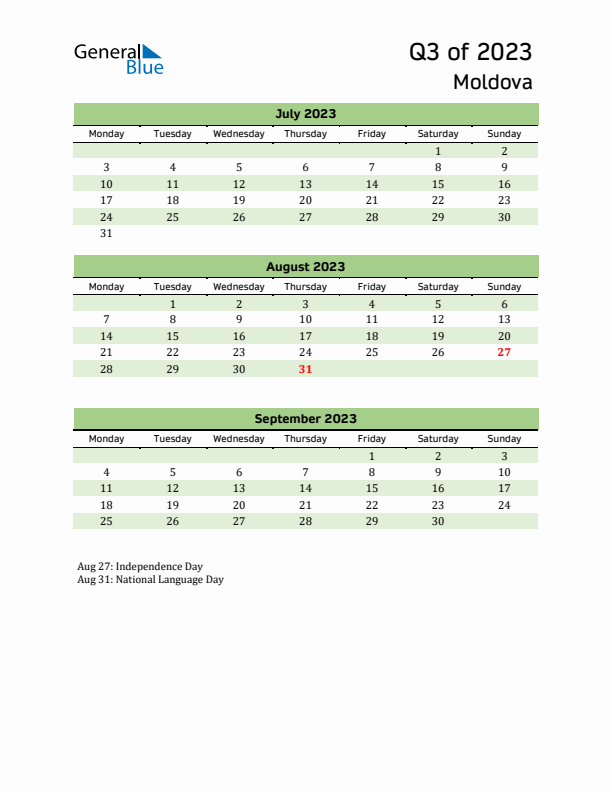 Quarterly Calendar 2023 with Moldova Holidays