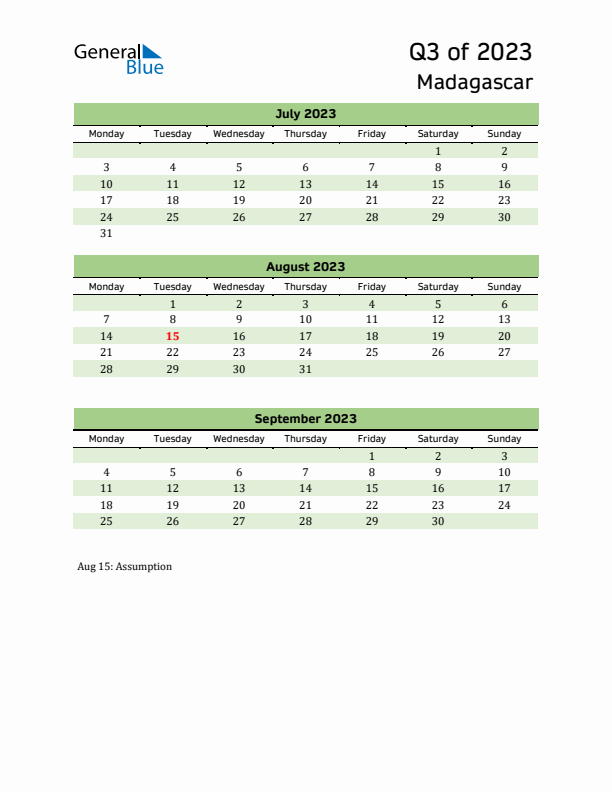 Quarterly Calendar 2023 with Madagascar Holidays