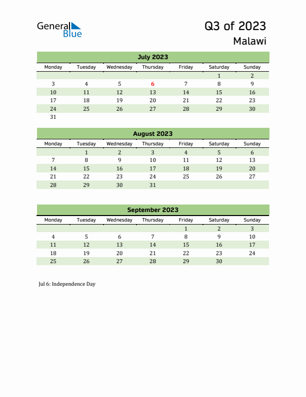 Quarterly Calendar 2023 with Malawi Holidays