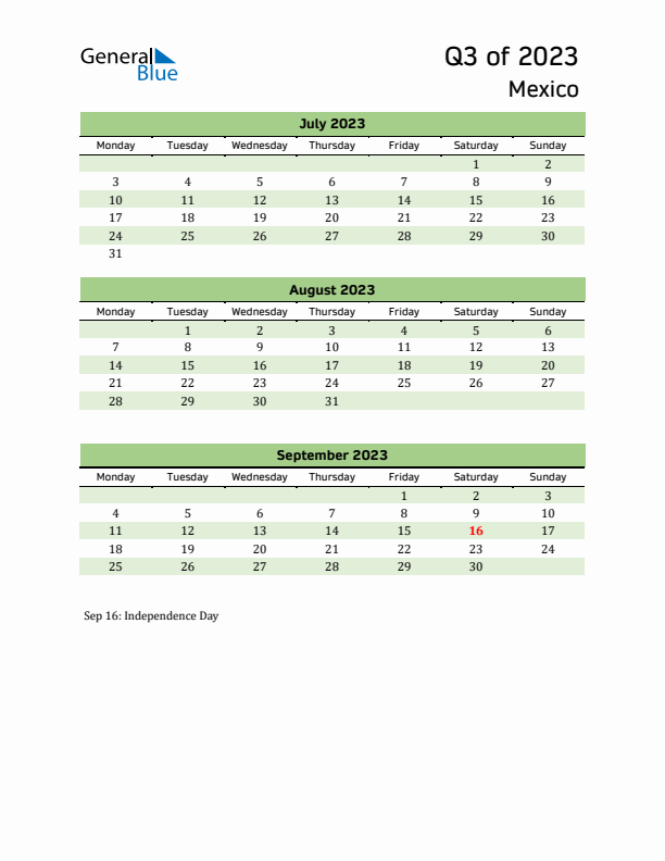 Quarterly Calendar 2023 with Mexico Holidays