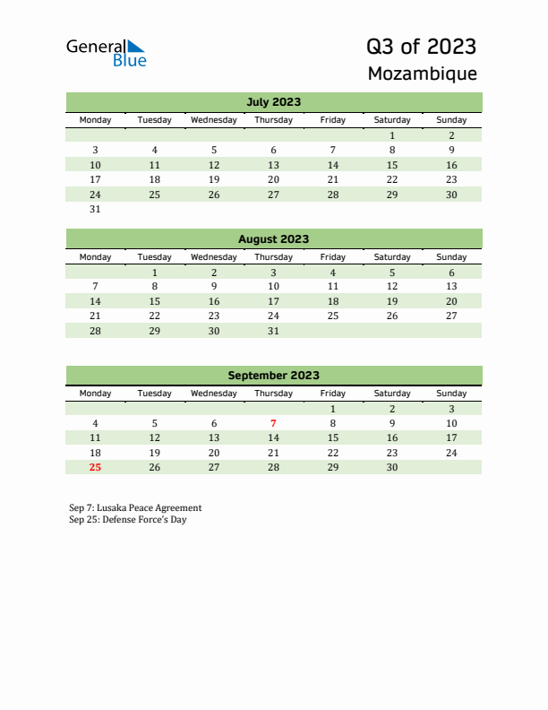 Quarterly Calendar 2023 with Mozambique Holidays