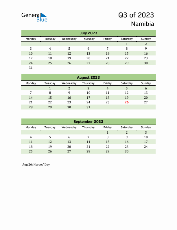 Quarterly Calendar 2023 with Namibia Holidays