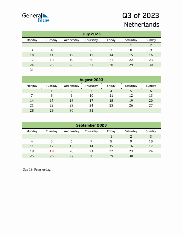 Quarterly Calendar 2023 with The Netherlands Holidays