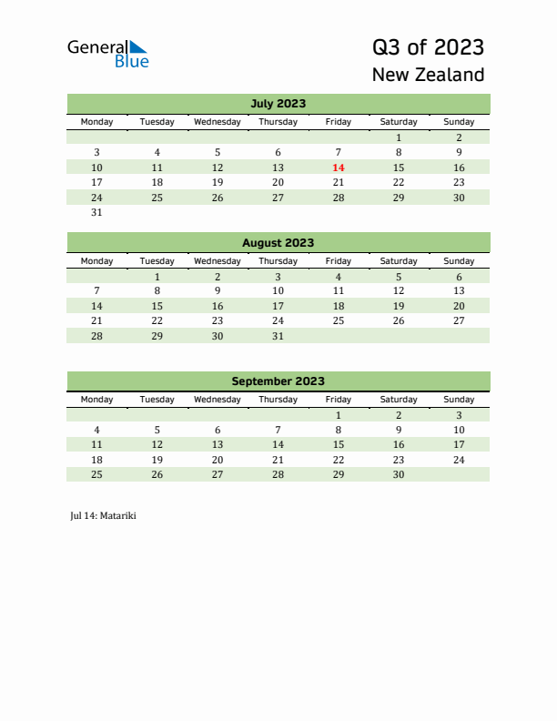 Quarterly Calendar 2023 with New Zealand Holidays