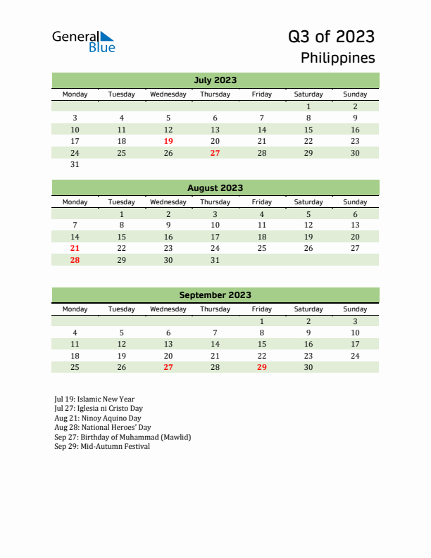 Quarterly Calendar 2023 with Philippines Holidays