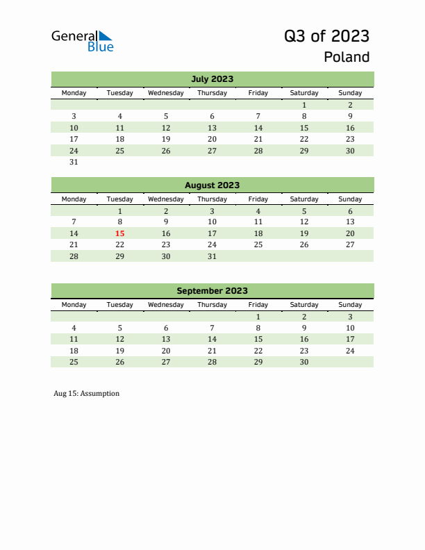 Quarterly Calendar 2023 with Poland Holidays