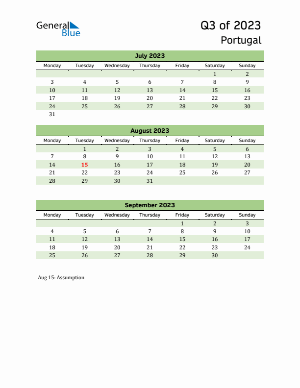 Quarterly Calendar 2023 with Portugal Holidays