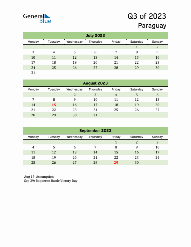 Quarterly Calendar 2023 with Paraguay Holidays