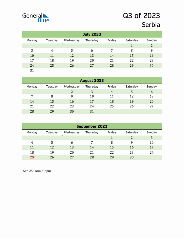 Quarterly Calendar 2023 with Serbia Holidays