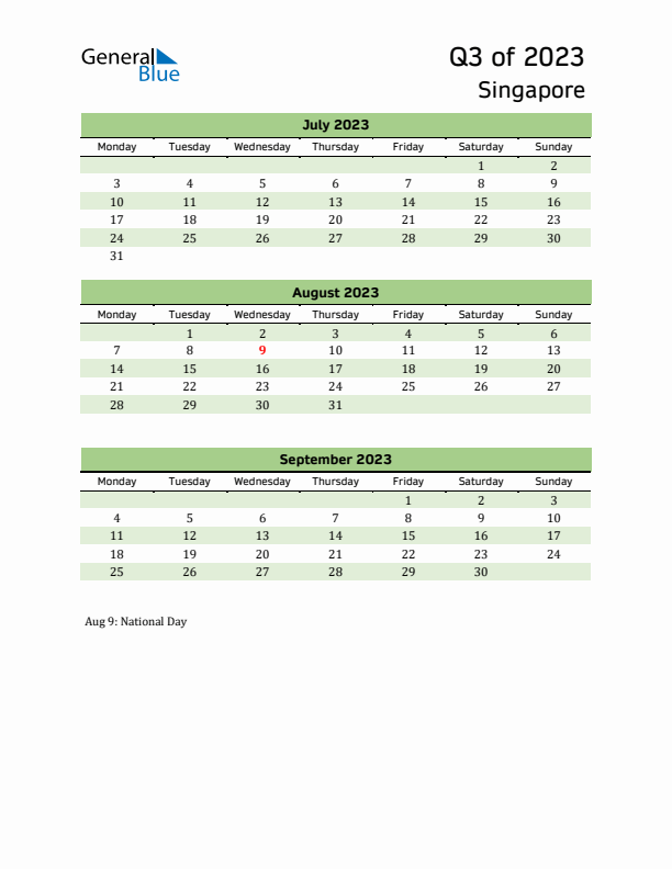 Quarterly Calendar 2023 with Singapore Holidays