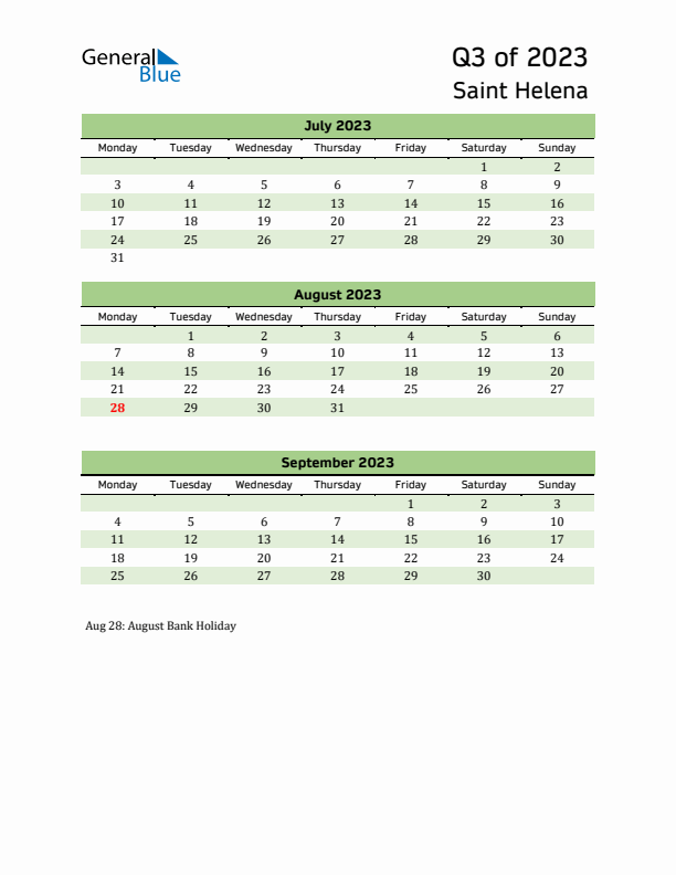 Quarterly Calendar 2023 with Saint Helena Holidays