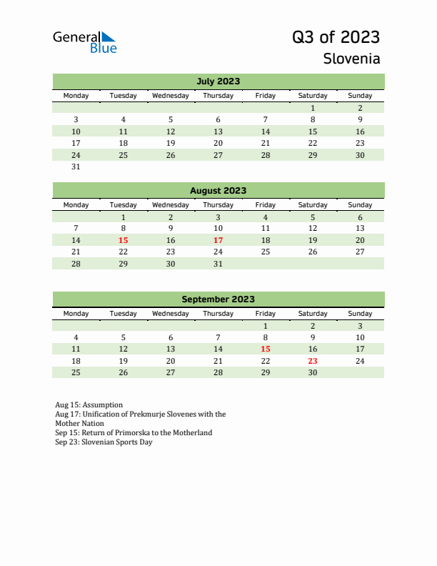 Quarterly Calendar 2023 with Slovenia Holidays