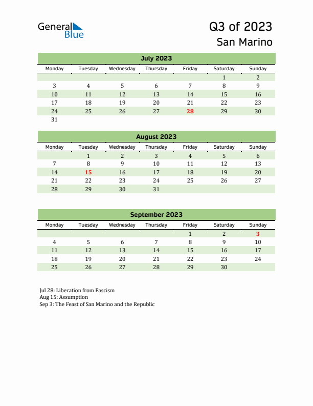 Quarterly Calendar 2023 with San Marino Holidays