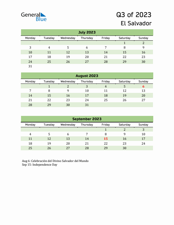 Quarterly Calendar 2023 with El Salvador Holidays