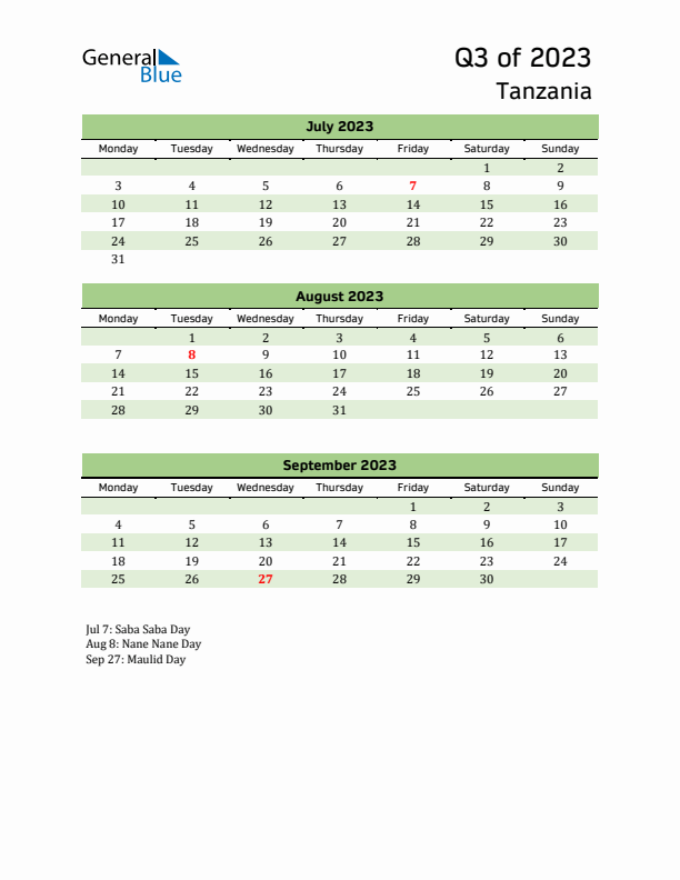 Quarterly Calendar 2023 with Tanzania Holidays