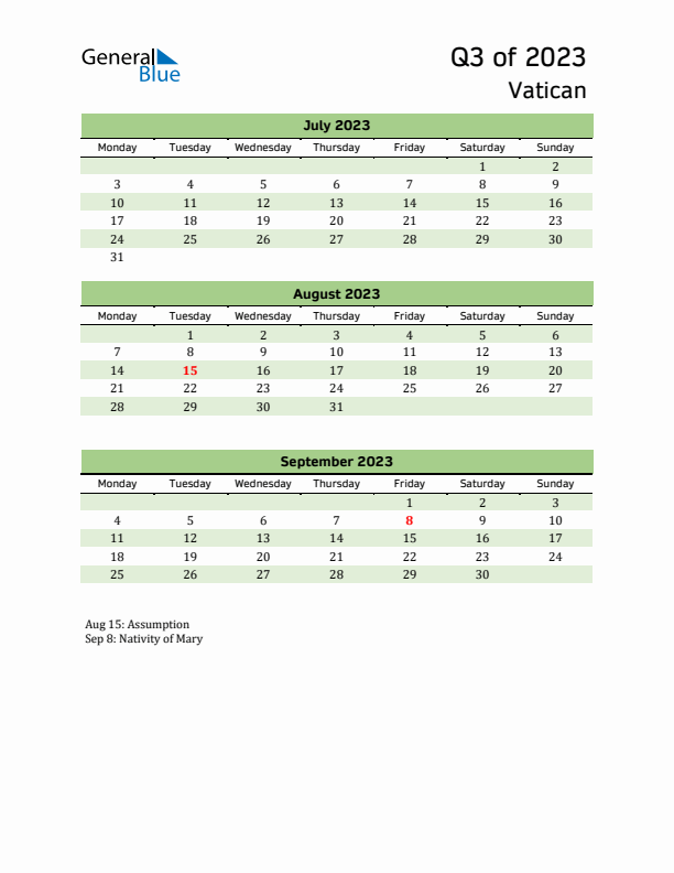 Quarterly Calendar 2023 with Vatican Holidays