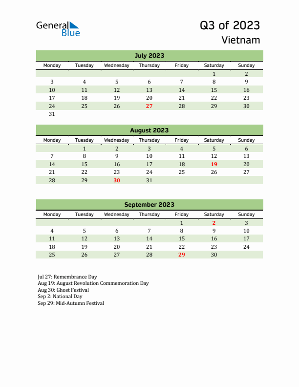 Quarterly Calendar 2023 with Vietnam Holidays