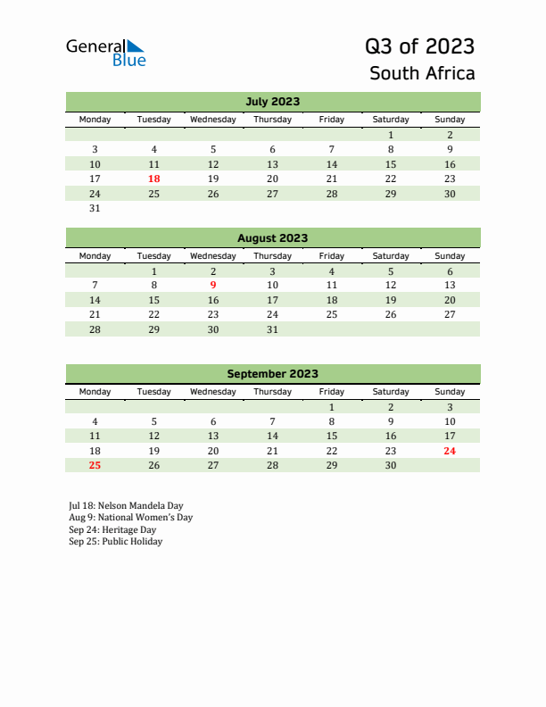 Quarterly Calendar 2023 with South Africa Holidays