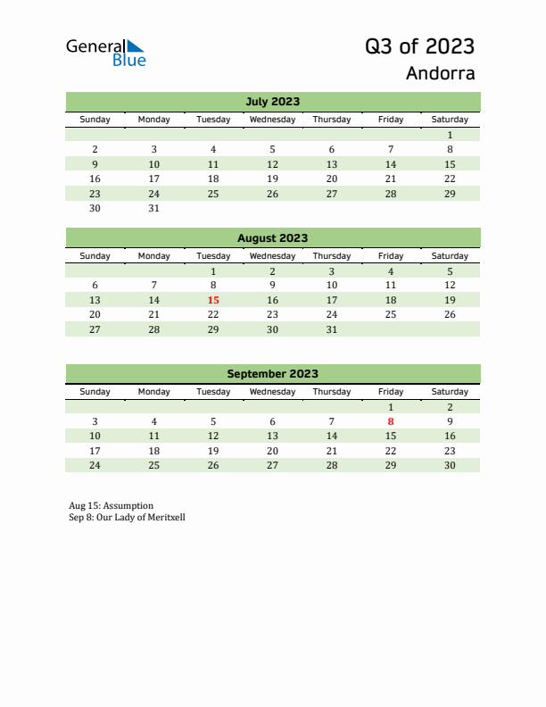 Quarterly Calendar 2023 with Andorra Holidays