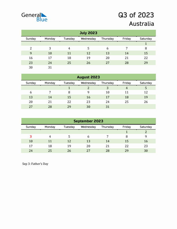 Quarterly Calendar 2023 with Australia Holidays