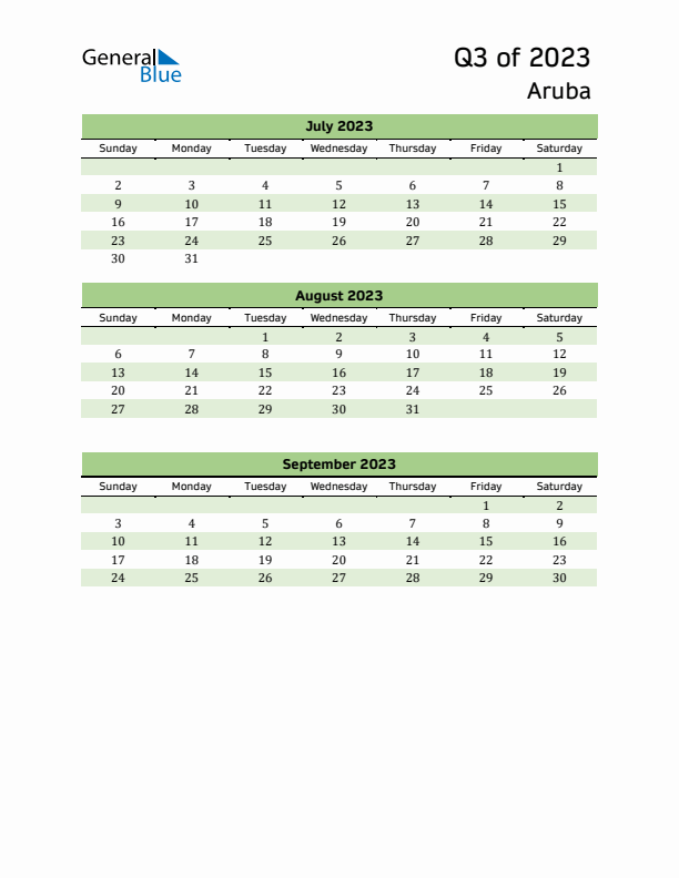 Quarterly Calendar 2023 with Aruba Holidays