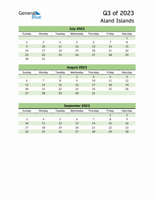 Quarterly Calendar 2023 with Aland Islands Holidays