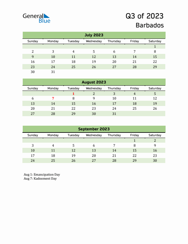 Quarterly Calendar 2023 with Barbados Holidays