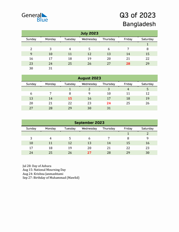 Quarterly Calendar 2023 with Bangladesh Holidays