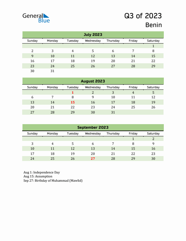 Quarterly Calendar 2023 with Benin Holidays