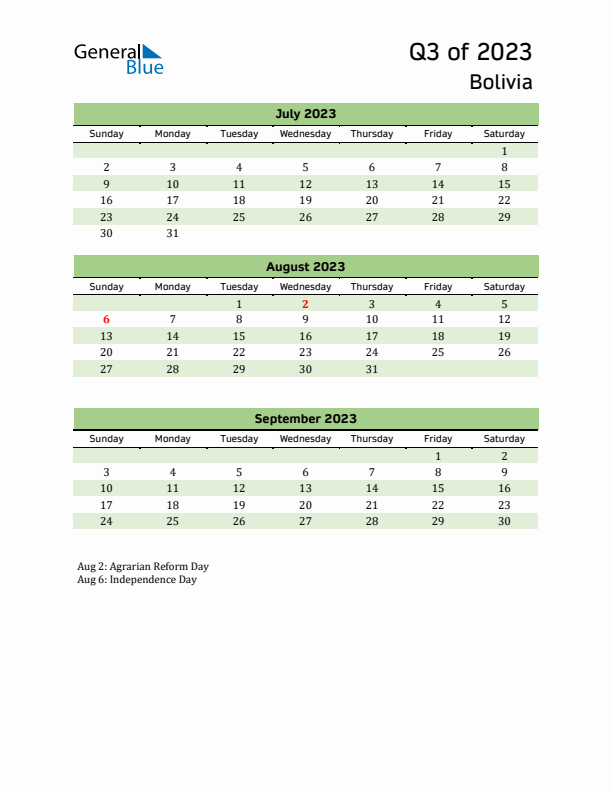 Quarterly Calendar 2023 with Bolivia Holidays