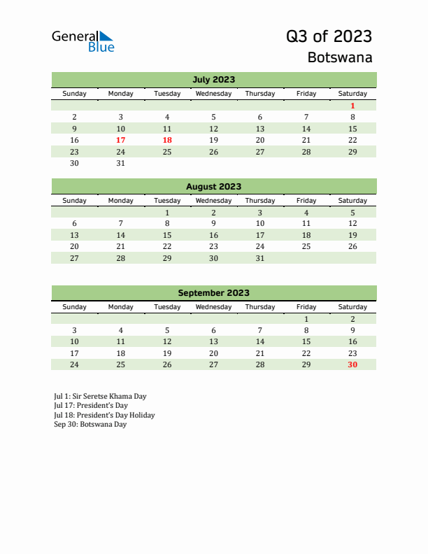 Quarterly Calendar 2023 with Botswana Holidays