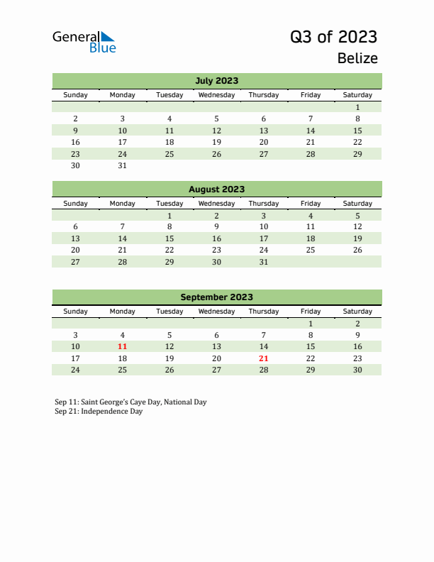 Quarterly Calendar 2023 with Belize Holidays