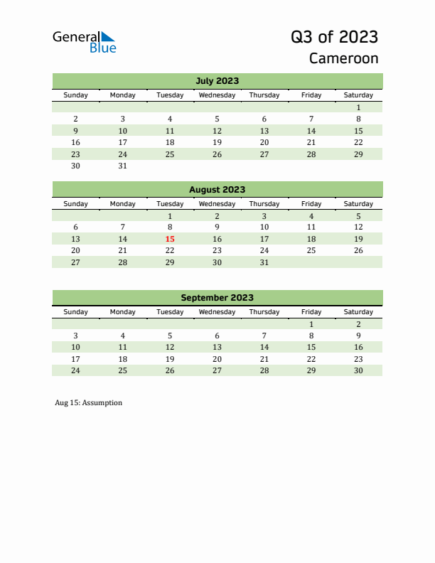 Quarterly Calendar 2023 with Cameroon Holidays