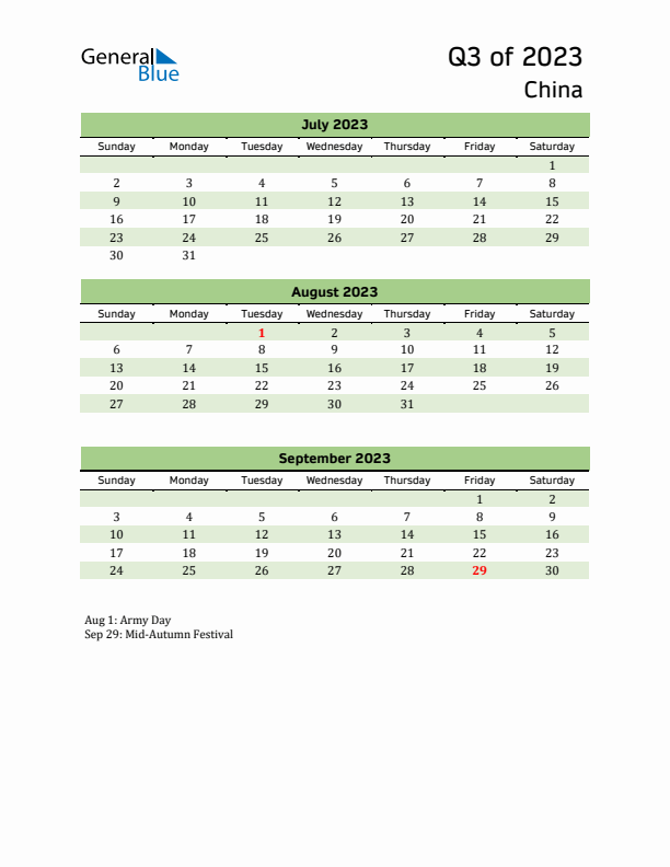 Quarterly Calendar 2023 with China Holidays