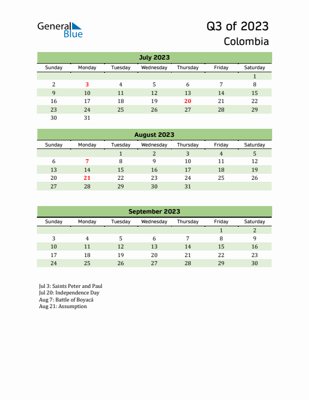 Quarterly Calendar 2023 with Colombia Holidays