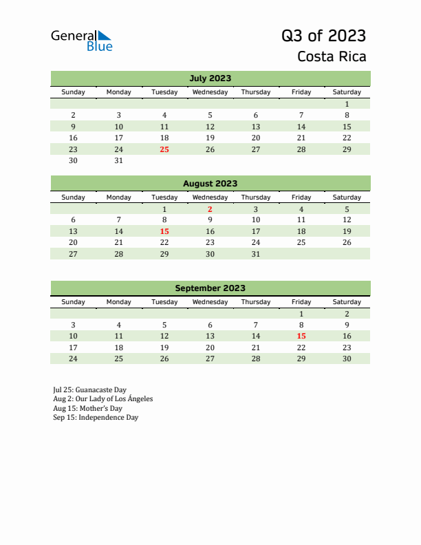 Quarterly Calendar 2023 with Costa Rica Holidays