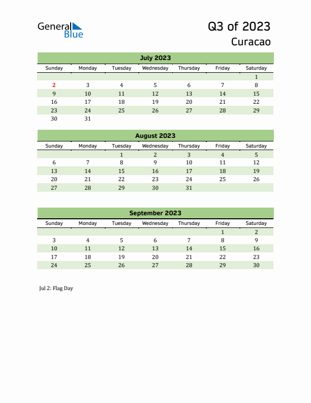 Quarterly Calendar 2023 with Curacao Holidays