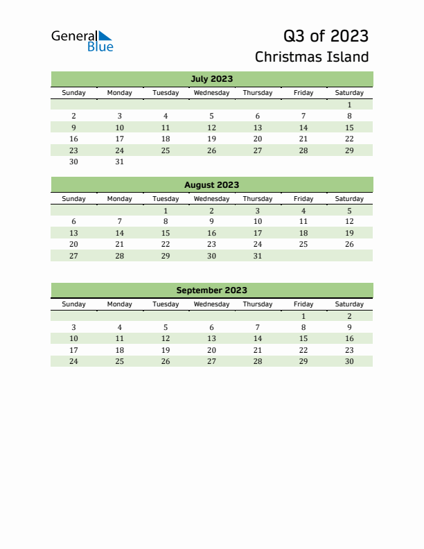 Quarterly Calendar 2023 with Christmas Island Holidays