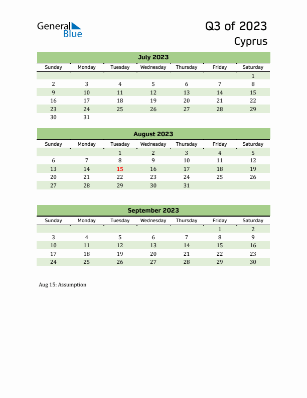 Quarterly Calendar 2023 with Cyprus Holidays