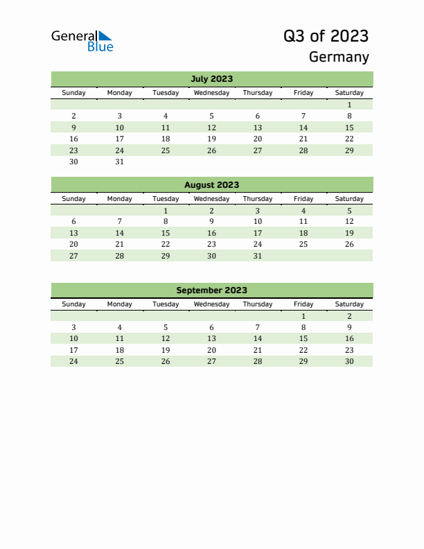 Quarterly Calendar 2023 with Germany Holidays