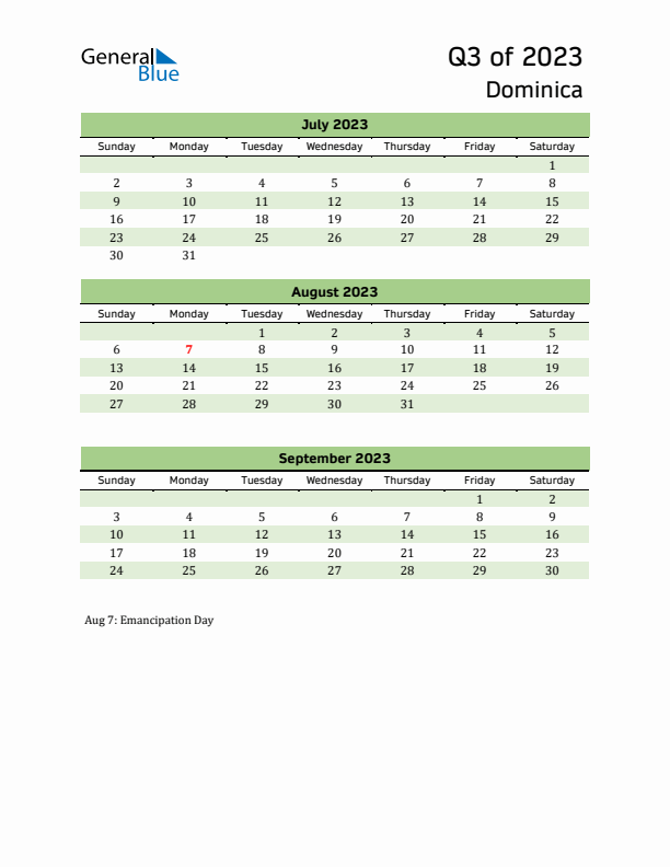 Quarterly Calendar 2023 with Dominica Holidays