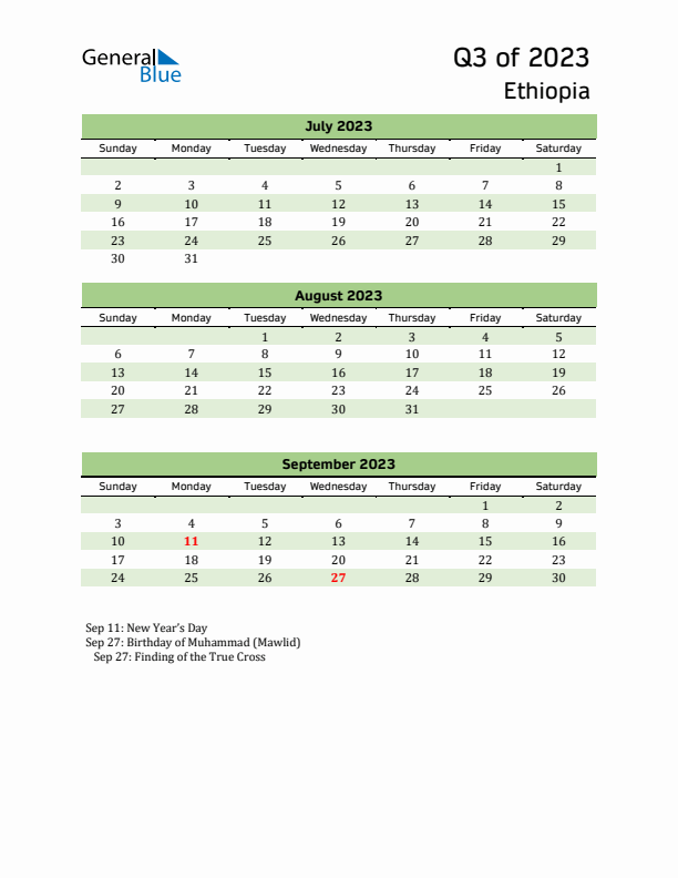 Quarterly Calendar 2023 with Ethiopia Holidays