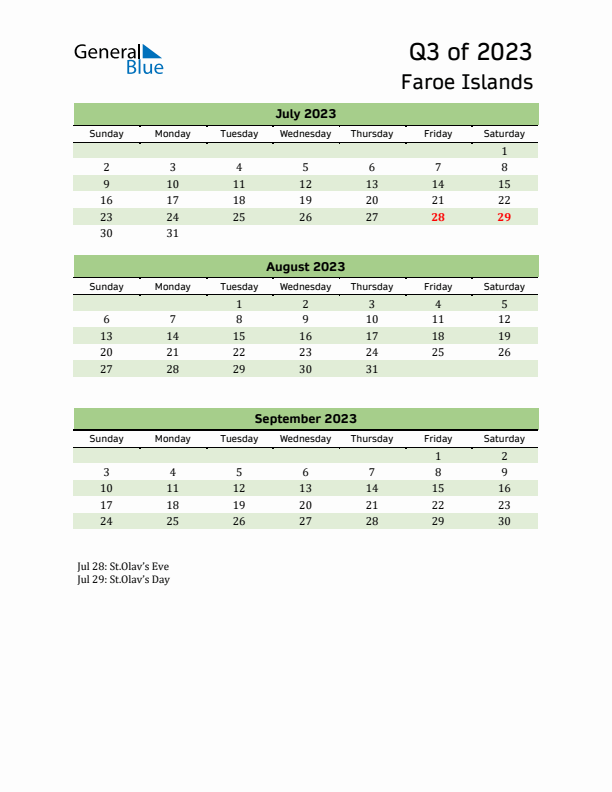 Quarterly Calendar 2023 with Faroe Islands Holidays